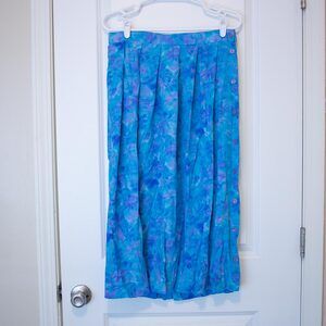 VTG Art to Wear Silk Watercolor Pastel Floral Button Sz 14 Blue Midi Skirt Blue